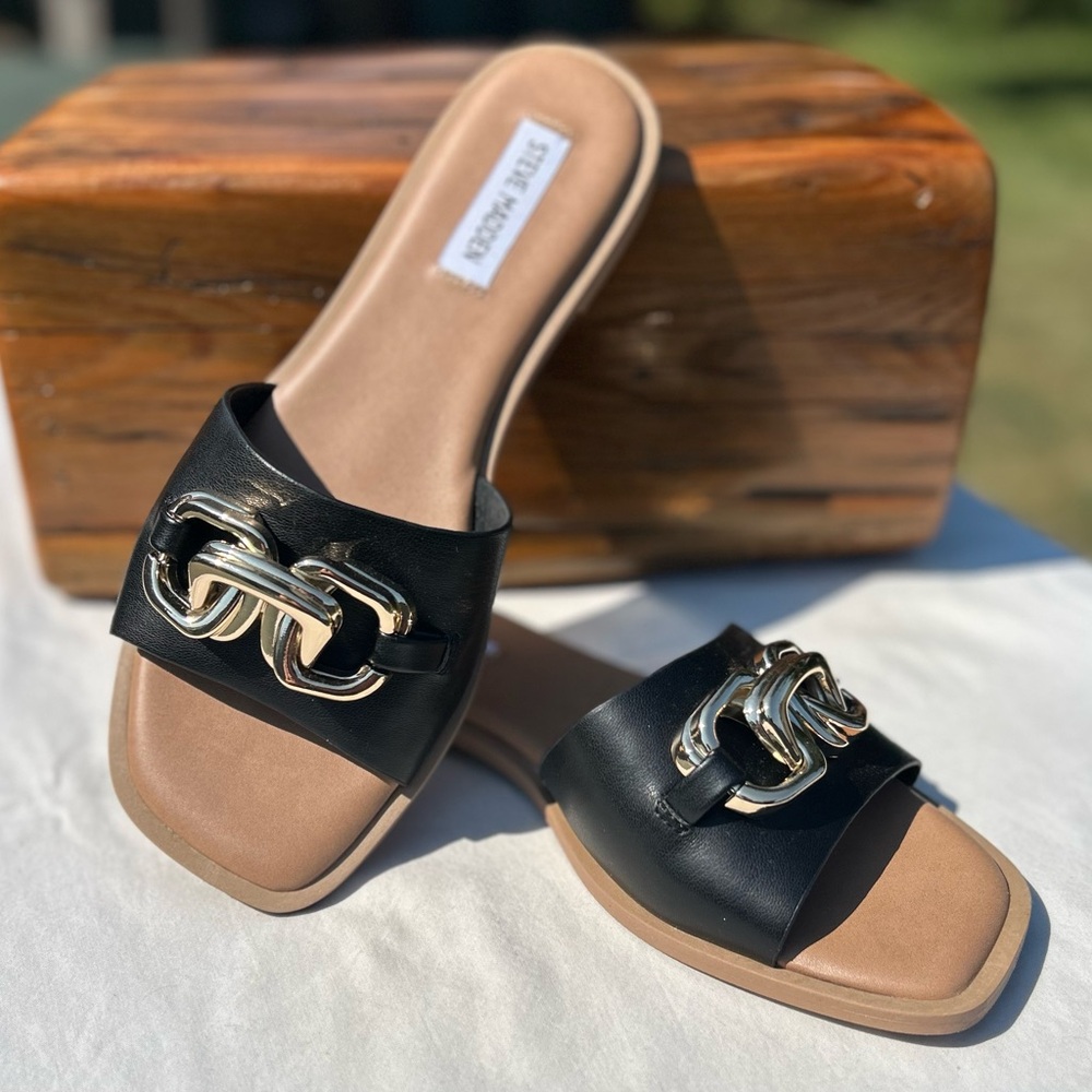 Steve Madden Black Slide Sandals with Gold Chain Accent